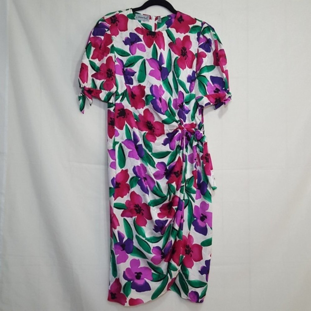 Vintage Adrianna Papell Silk Dress Ivory Multi Size 12 Jacquard Floral Print